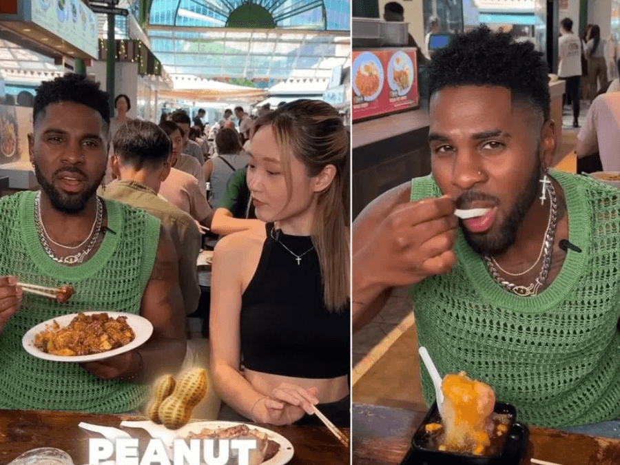 Jason Derulo and Denise Teo tasting local dishes at Lau Pa Sat