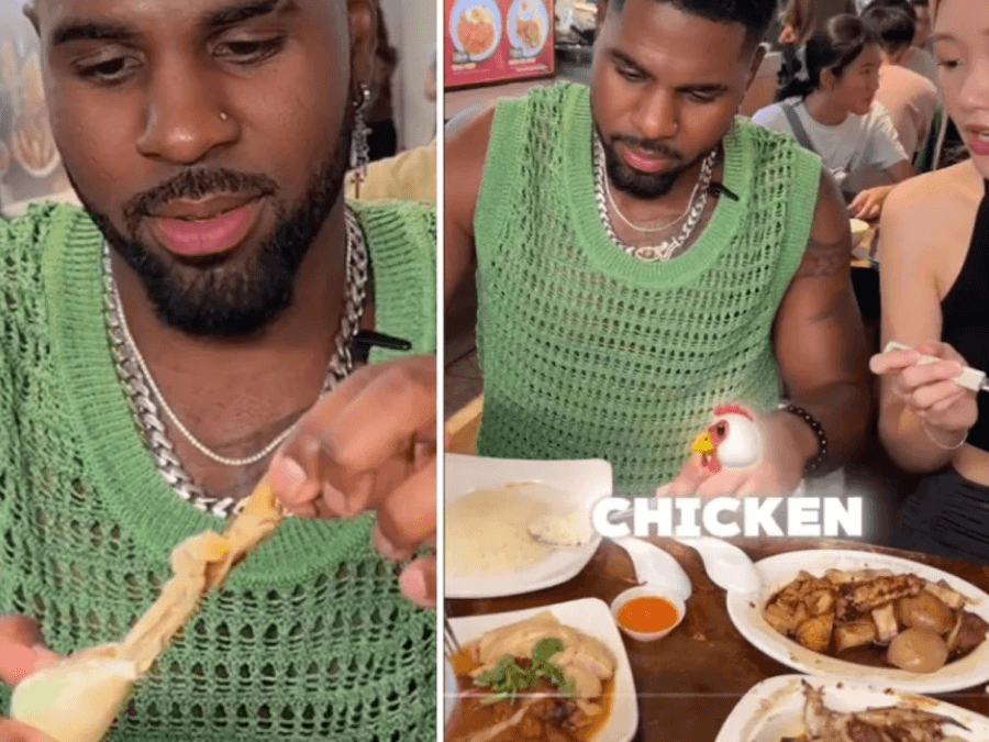 Jason Derulo trying local food at Lau Pa Sat